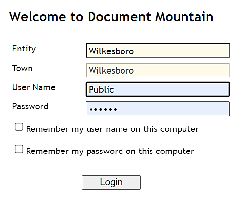 Document Mountain Login Screen