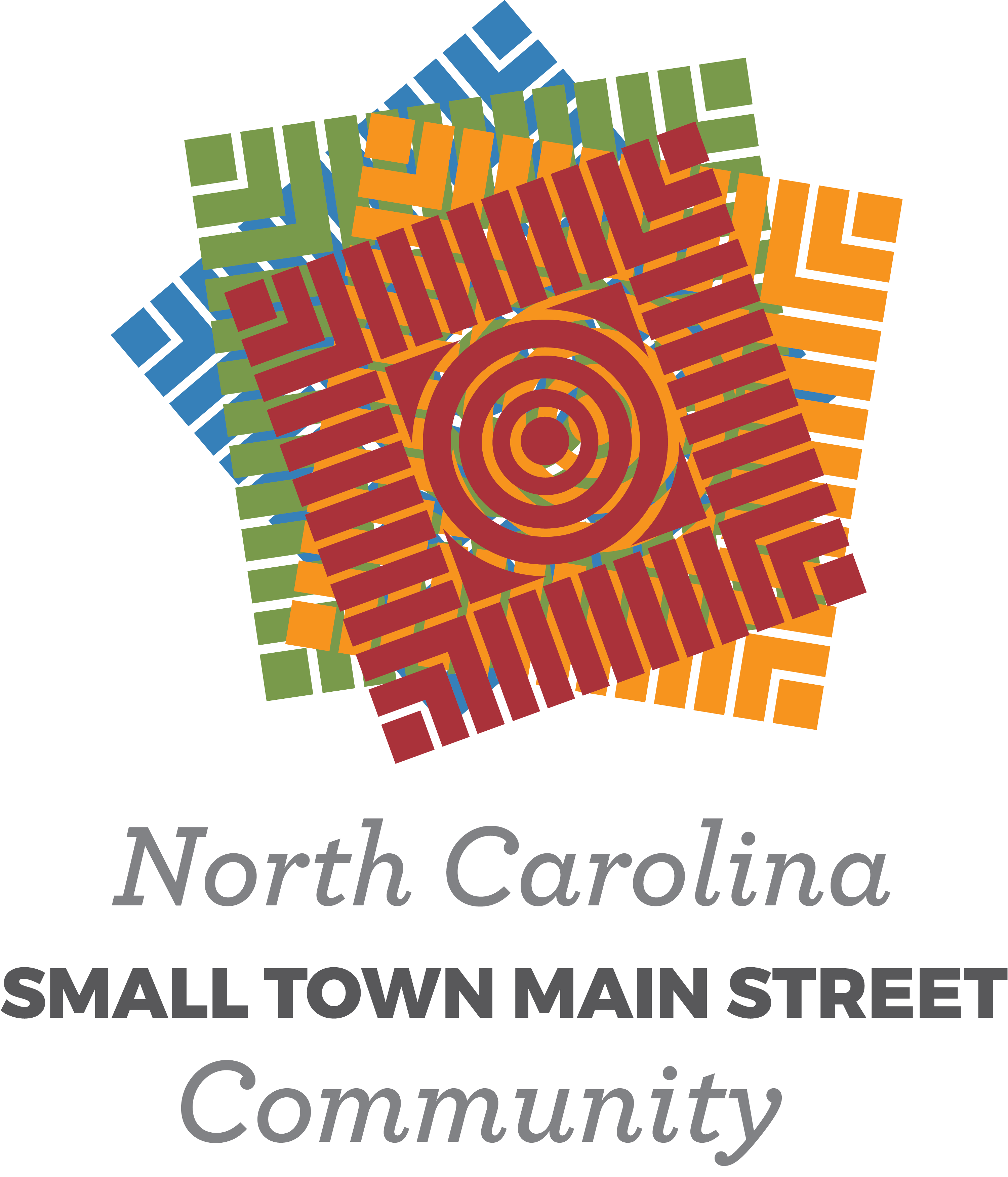 Logo design featuring overlapping colorful squares with geometric patterns in blue, green, orange, and red, centered around concentric circles. Text below reads "North Carolina Small Town Main Street Community," indicating a community-focused initiative for small towns in North Carolina.